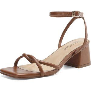 Women's Open Square Toe Chunky Block Sandals Chic Strappy Heels Brown Shoes